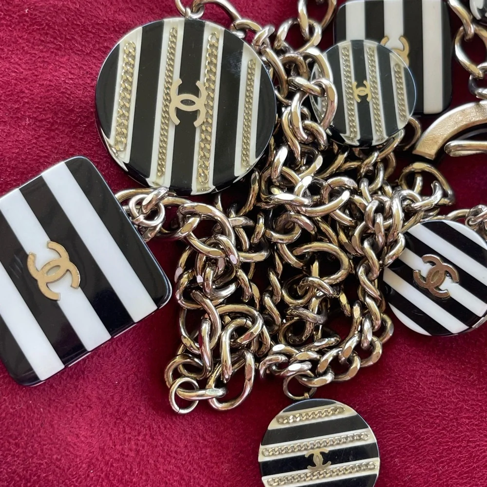 CHANEL Gold Chain Belt with Black and White Striped Enamel Charms